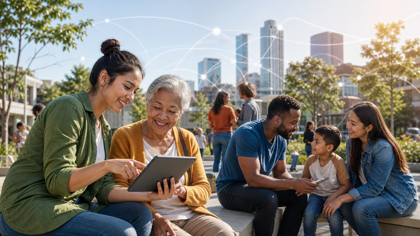 People helping one another with a tablet in a sunny community setting