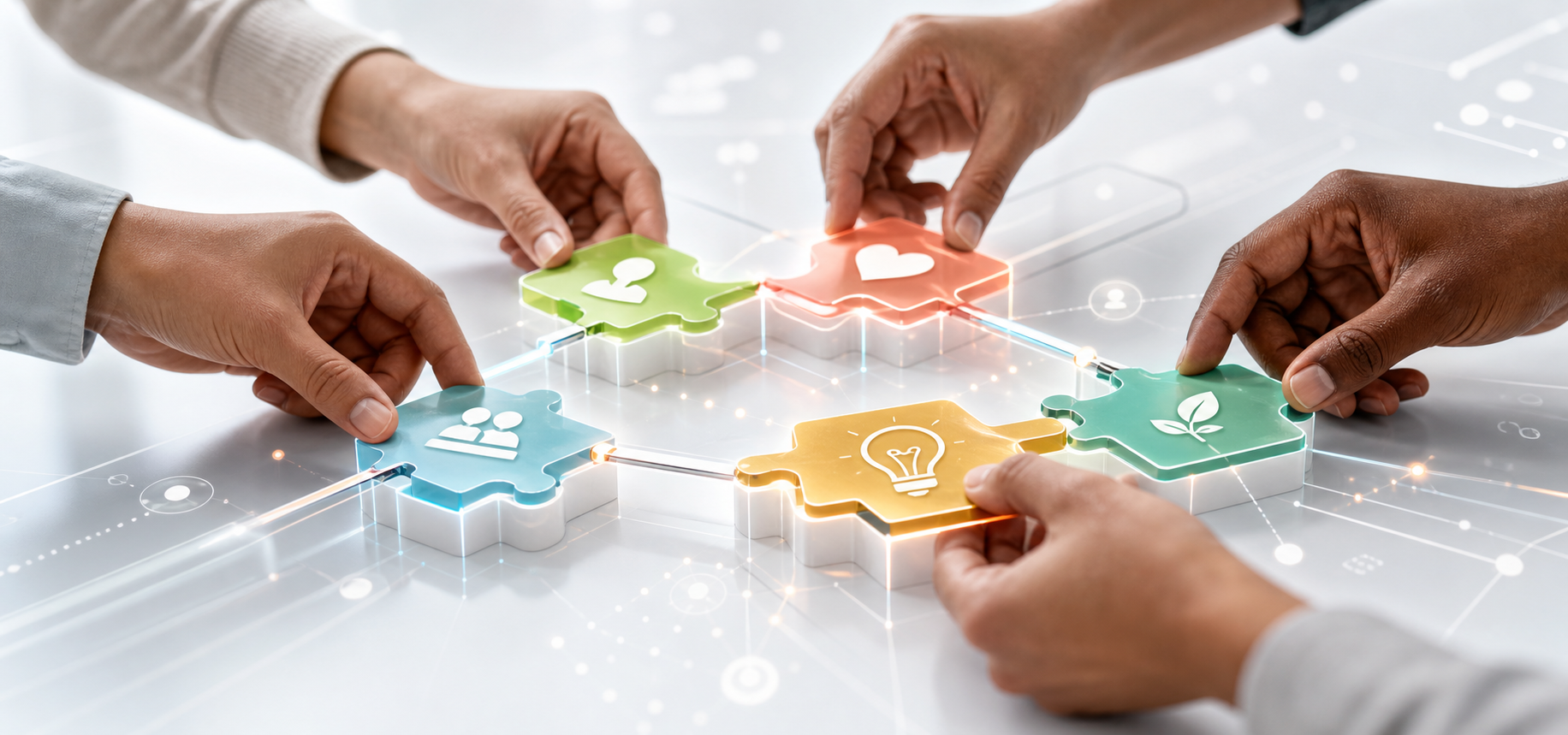 Hands connecting colorful solution tiles on a digital surface